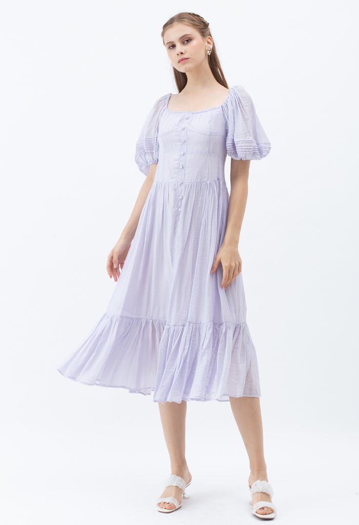 Flowy Puff Sleeves Buttoned Frilling Dress in Lilac - Retro, Indie and ...