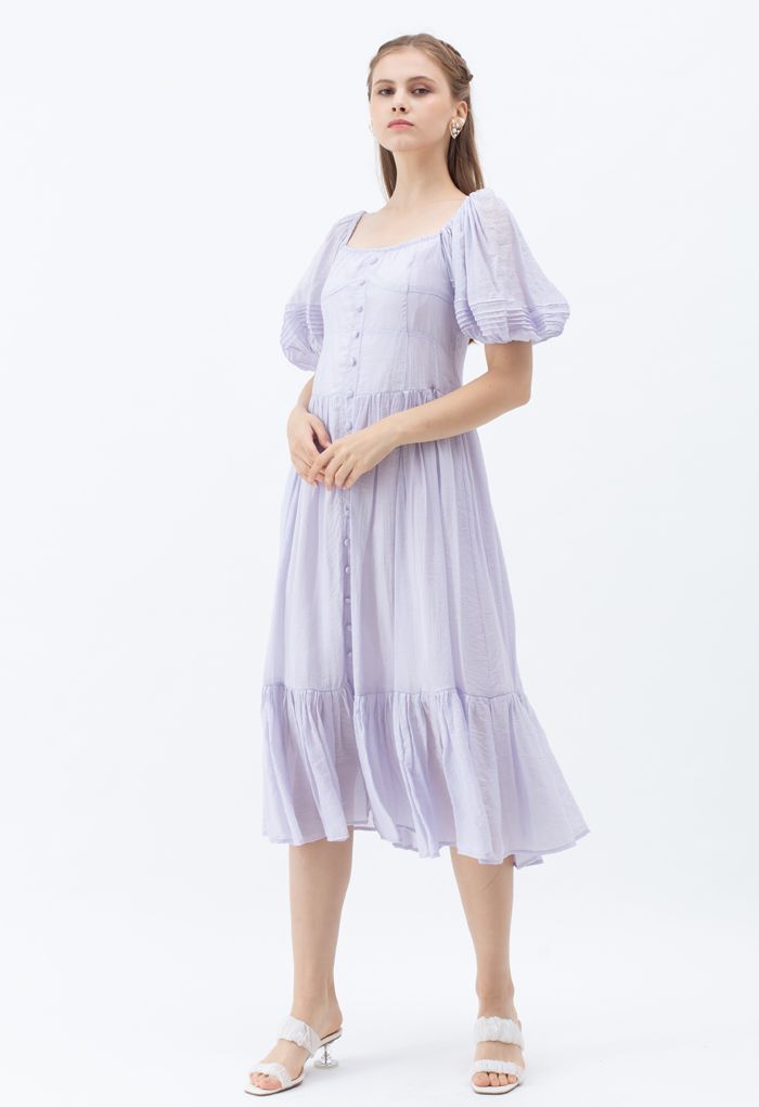 Flowy Puff Sleeves Buttoned Frilling Dress in Lilac - Retro, Indie and ...