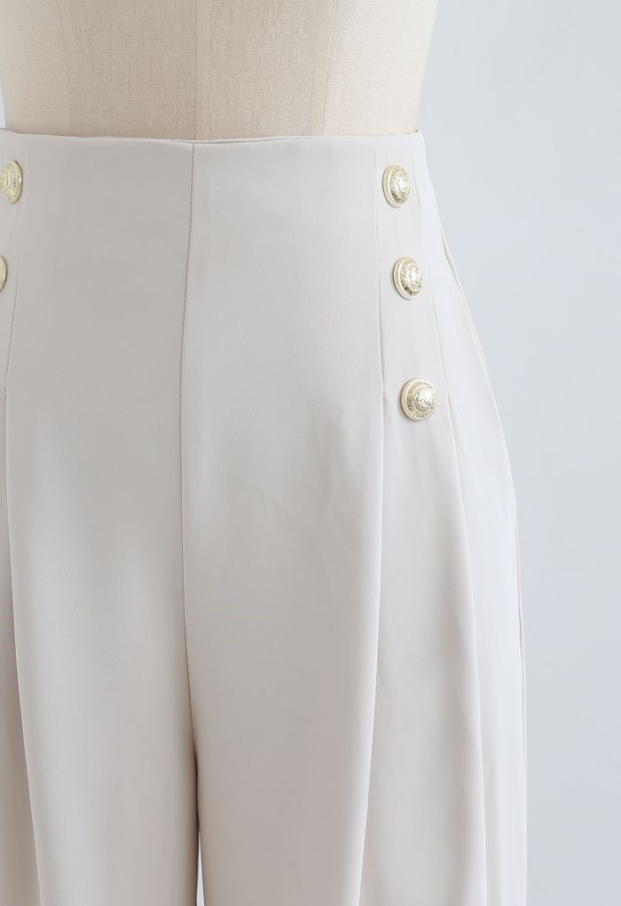 Golden Button Decorated Pleated Pants in Ivory - Retro, Indie and ...