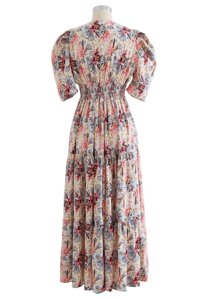 V-Neck Puff Sleeves Floral Frilling Dress in Cream - Retro, Indie and ...