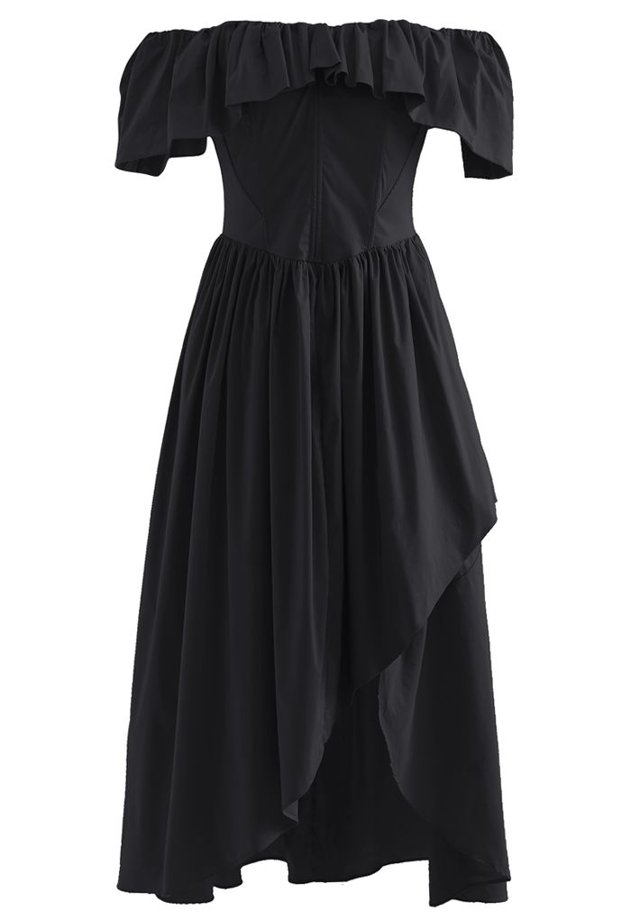 Ruffle Off-Shoulder Flap Asymmetric Dress in Black - Retro, Indie and ...