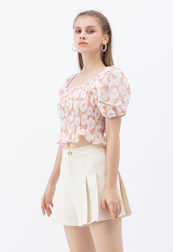 Puff Sleeve Crop Top in Coral