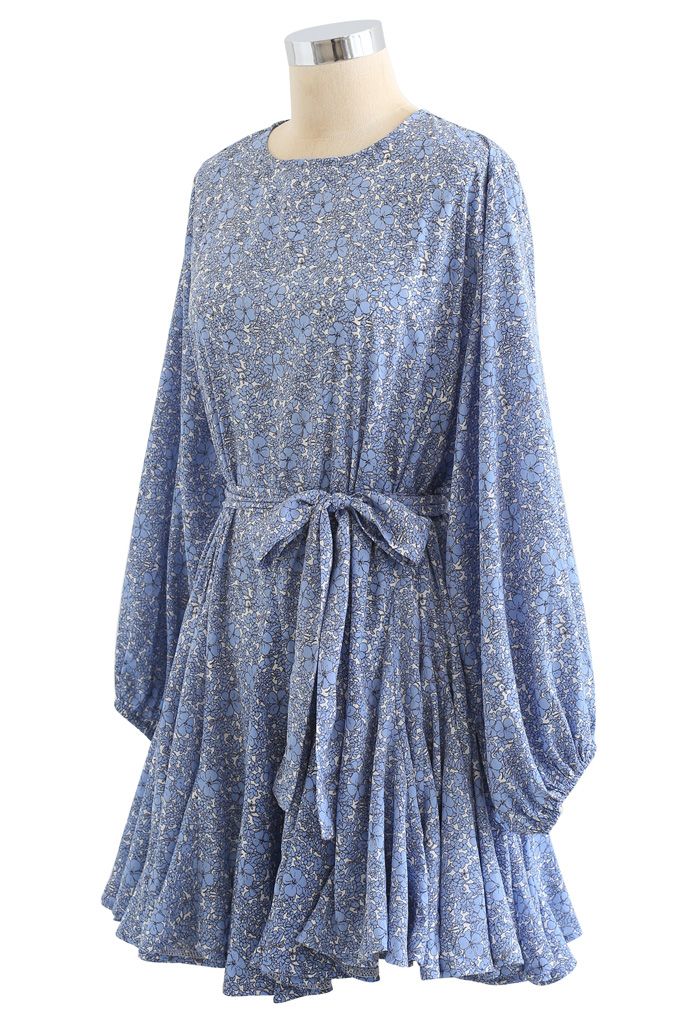 Blue Floret Bubble Sleeves Frilling Dress - Retro, Indie and Unique Fashion