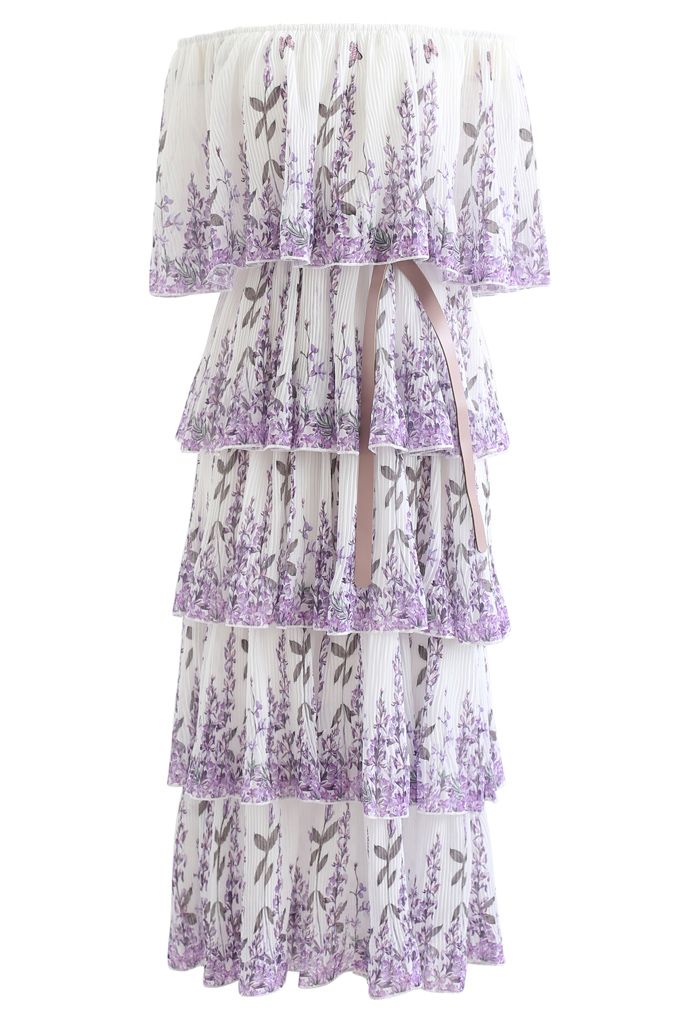 Lavender Printed Pleated Off-Shoulder Tiered Dress in White - Retro ...