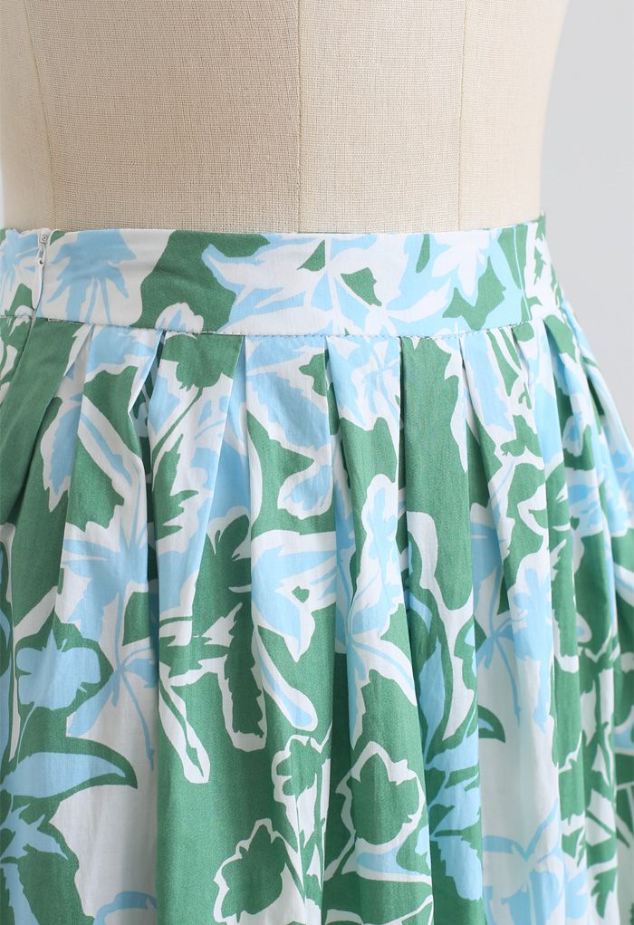 Summer Floral Print Pleated Midi Skirt in Green - Retro, Indie and ...