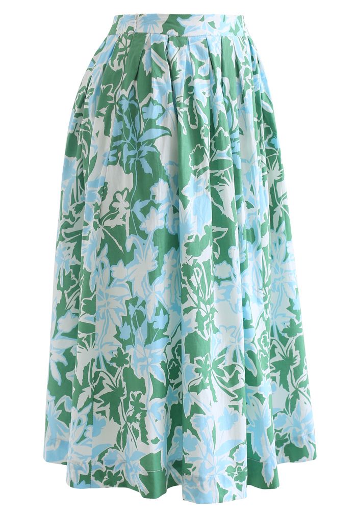 Summer Floral Print Pleated Midi Skirt in Green - Retro, Indie and ...