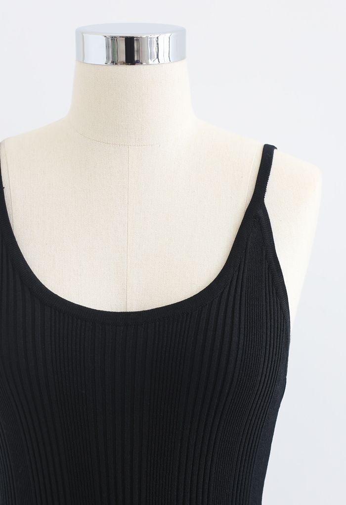 Asymmetric Straps Rib Knit Tank Top in Black