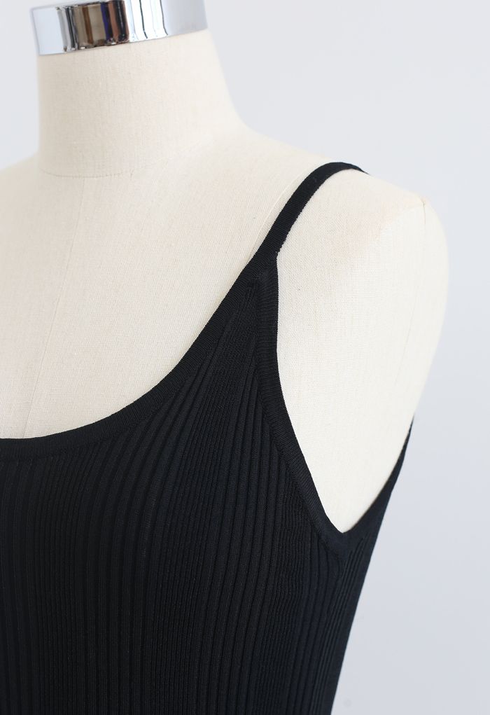 Asymmetric Straps Rib Knit Tank Top in Black