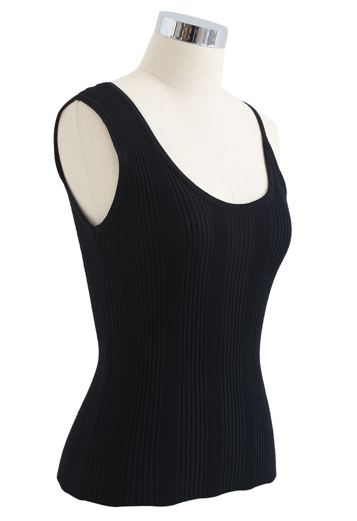 Asymmetric Straps Rib Knit Tank Top in Black - Retro, Indie and Unique ...