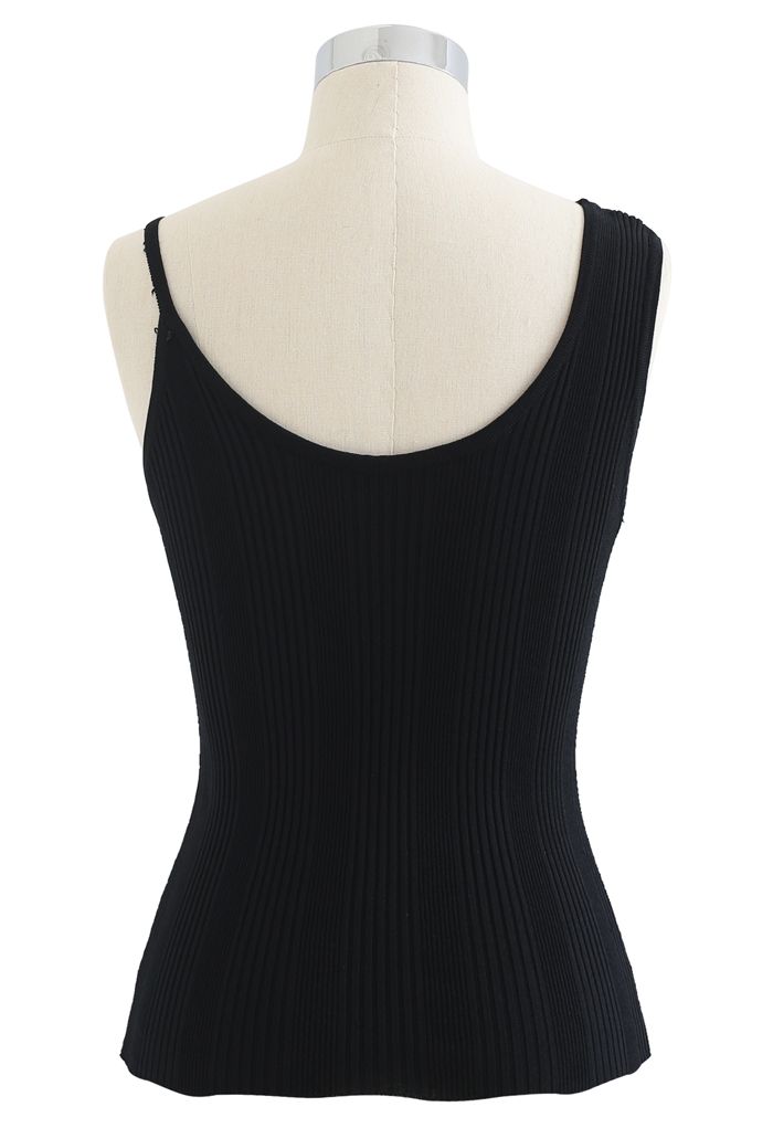 Asymmetric Straps Rib Knit Tank Top in Black