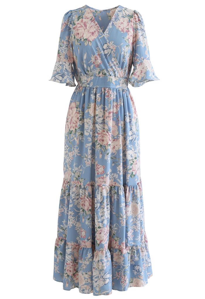 Luxuriant Flower Frilling Wrap Dress in Blue - Retro, Indie and Unique ...