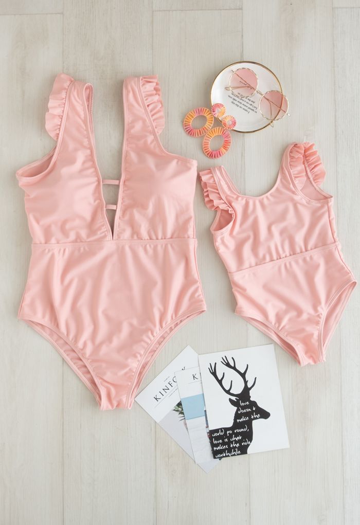 Solid Pink Ruffle Detail Swimsuit for Mommy & Kids - Retro, Indie