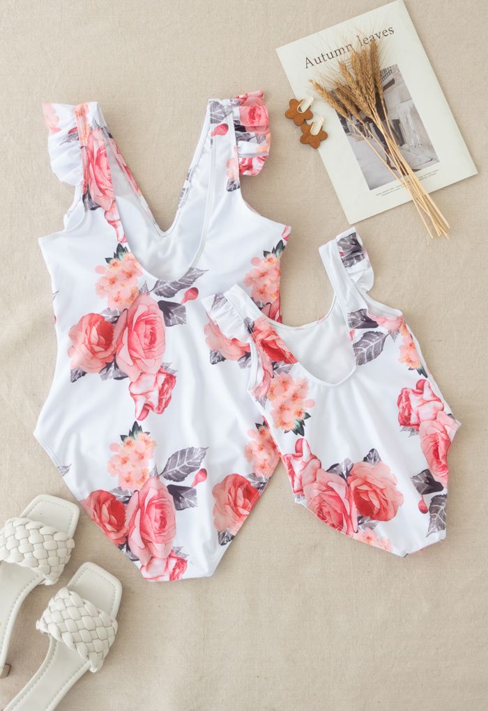 Rose Print Ruffle Detail Swimsuit for Mommy & Kids