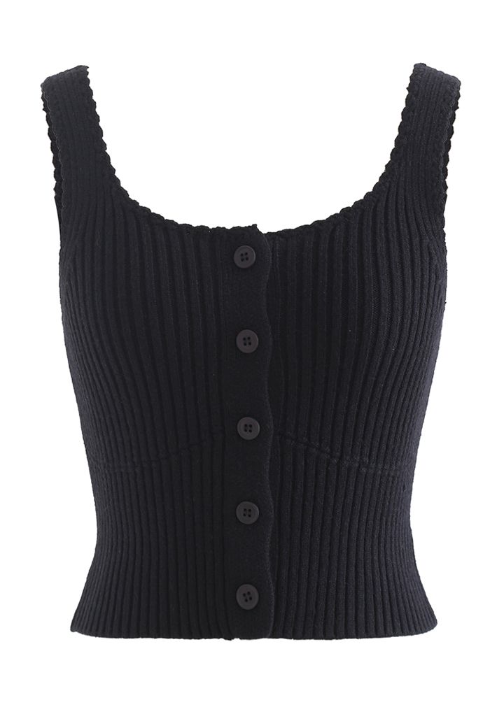 Ribbed Knit Buttoned Crop Tank Top in Black - Retro, Indie and Unique ...