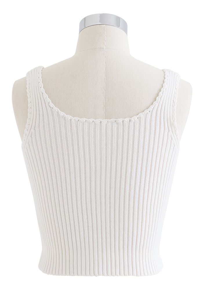 Ribbed Knit Buttoned Crop Tank Top in White