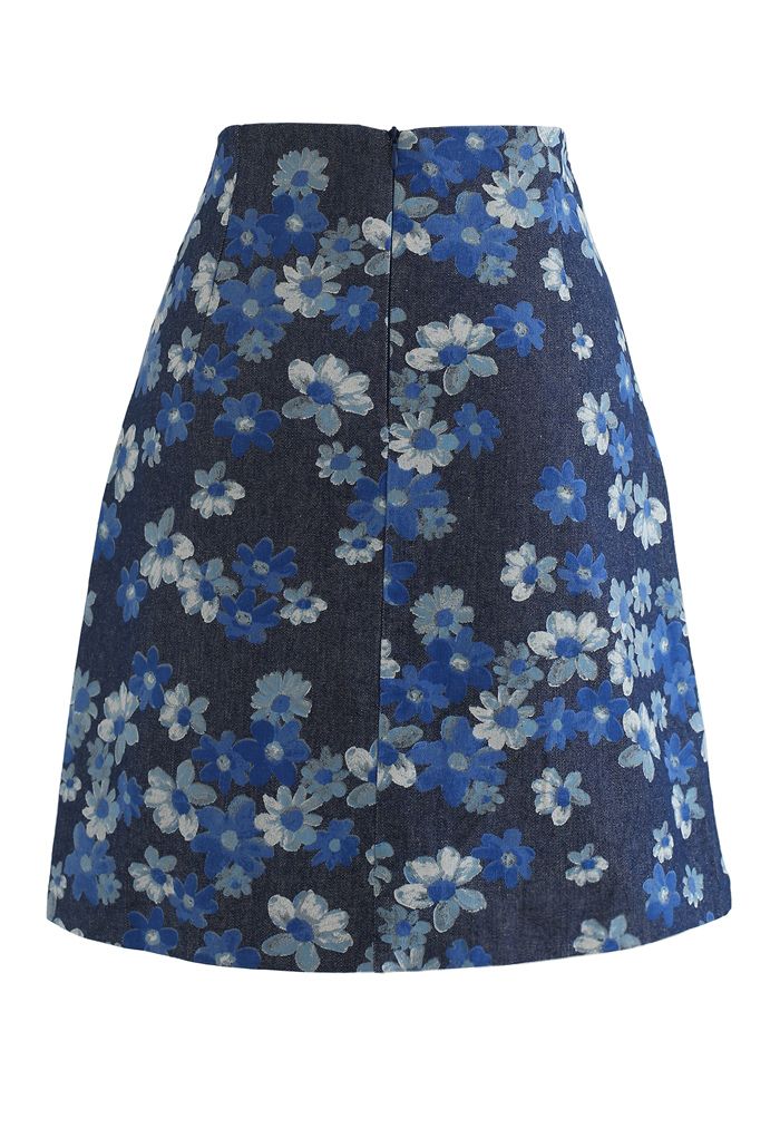 Falling Flowers Denim Bud Skirt in Navy - Retro, Indie and Unique Fashion