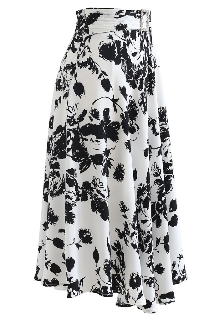 Brooch Detail Sketch Floral Printed Midi Skirt in White - Retro, Indie ...