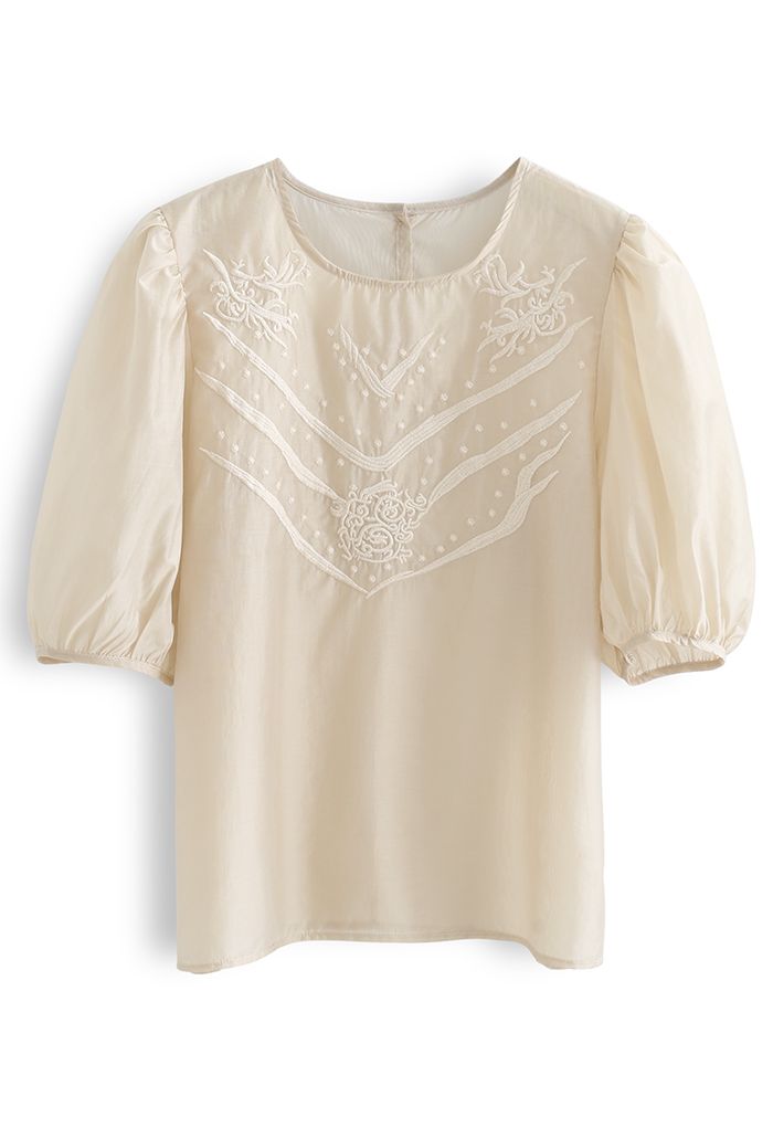 Semi-Sheer Mid Sleeve Embroidered Top in Light Tan - Retro, Indie and ...