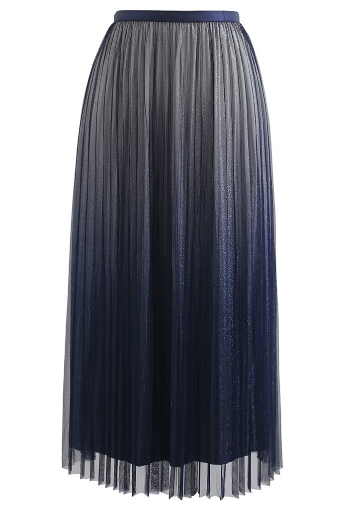 Gradient Shimmer Lining Pleated Mesh Skirt in Navy - Retro, Indie and ...