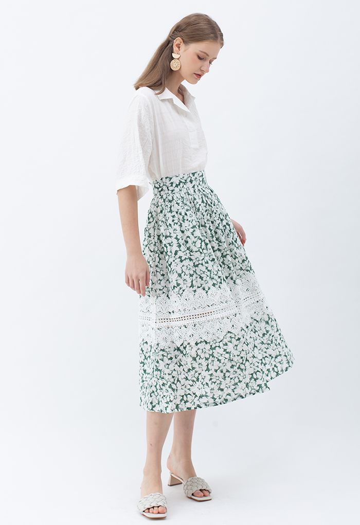 Crochet Decorated Green Floral Midi Skirt - Retro, Indie and Unique Fashion