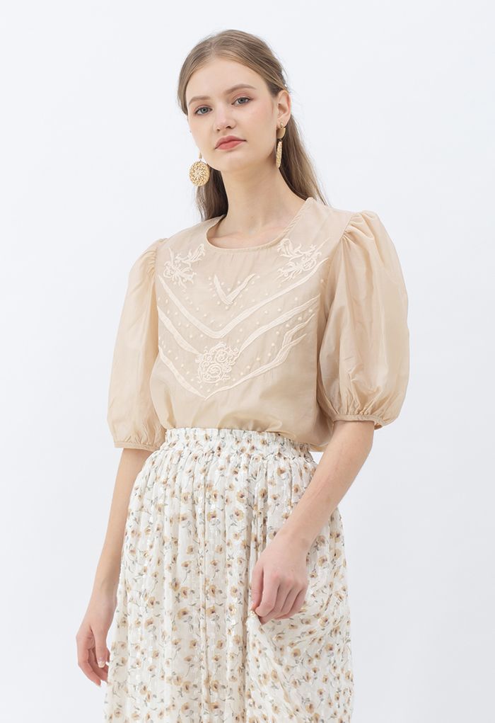Semi-Sheer Mid Sleeve Embroidered Top in Light Tan - Retro, Indie and ...