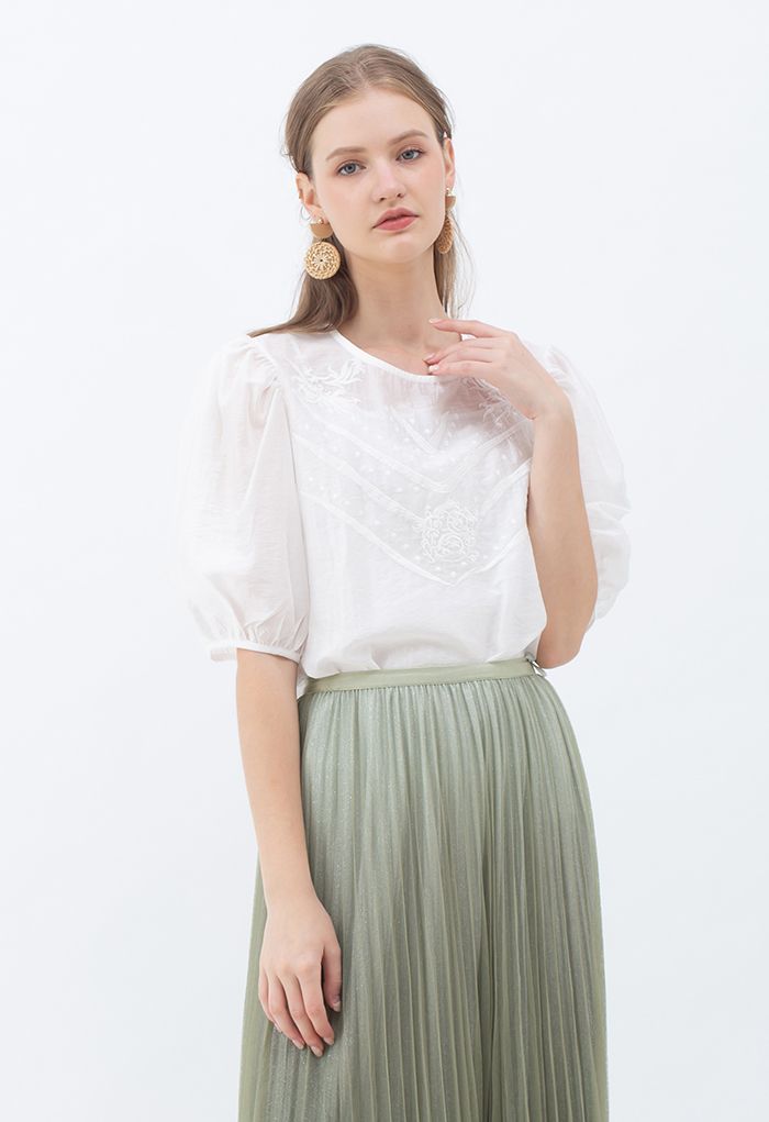 Semi-Sheer Mid Sleeve Embroidered Top in White - Retro, Indie and ...