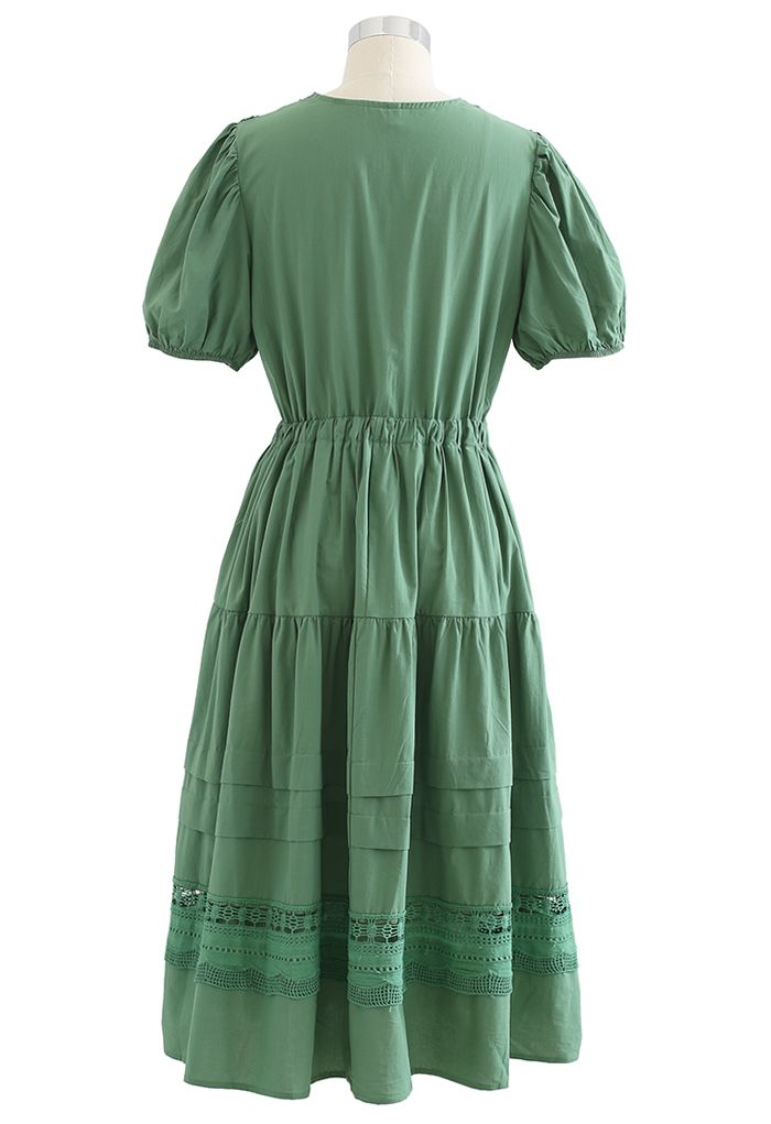 Lace Inserted Bubble Sleeves Wrapped Midi Dress in Green - Retro, Indie ...