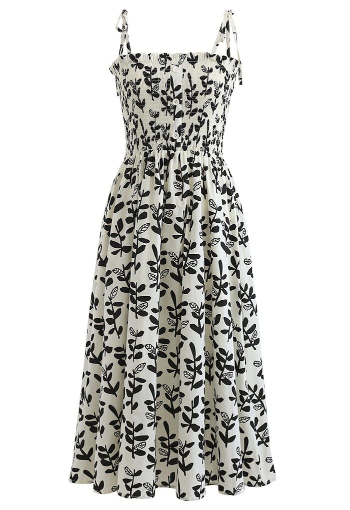 Tie Shoulder Floral Shirred Midi Dress in Black