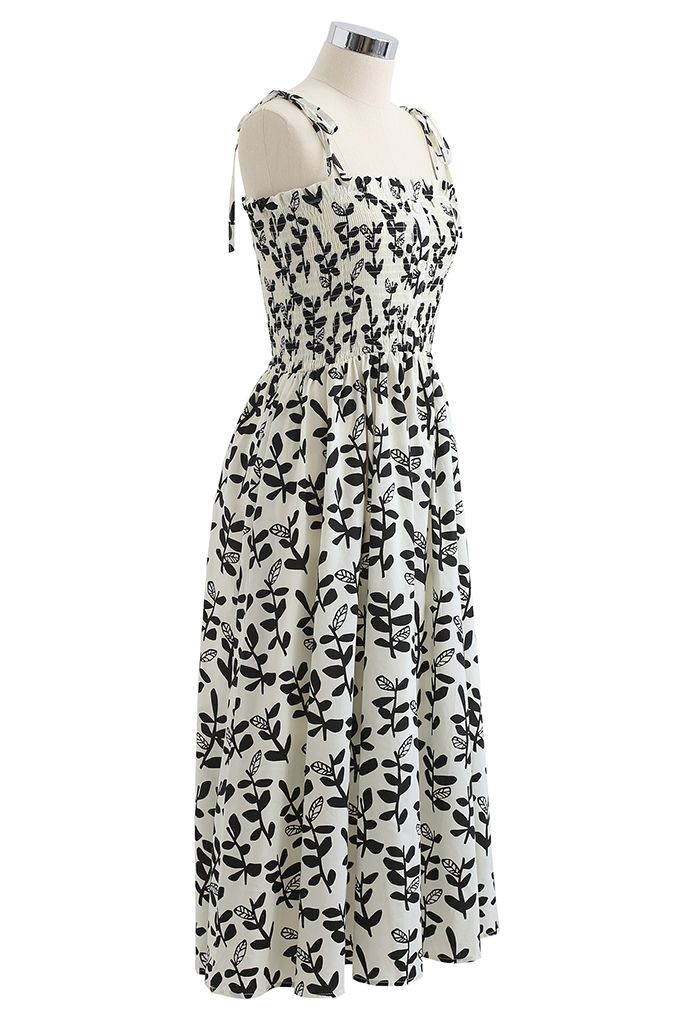 Tie Shoulder Floral Shirred Midi Dress in Black