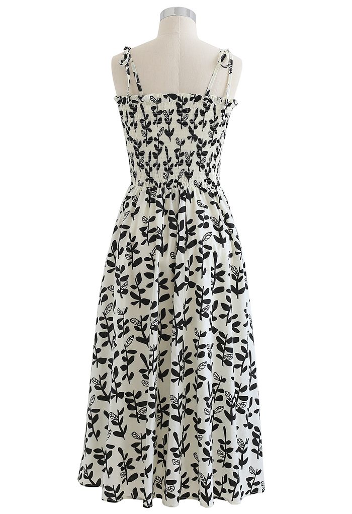 Tie Shoulder Floral Shirred Midi Dress in Black