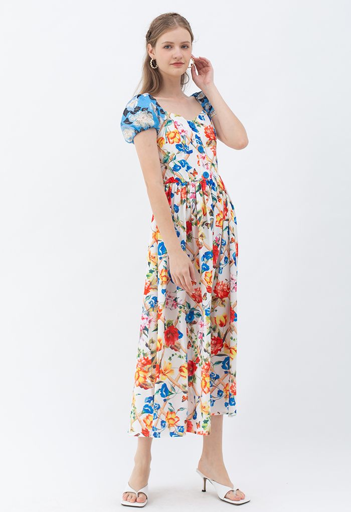 Vibrant Floral Print Jacquard Sleeve Maxi Dress - Retro, Indie and ...