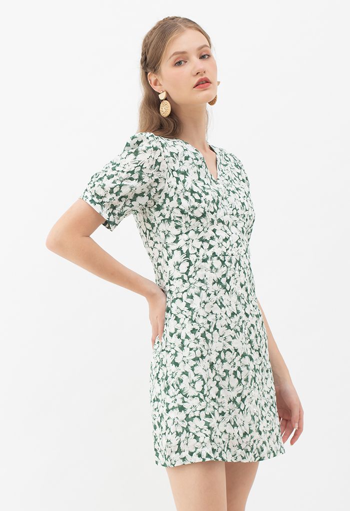 Gentle Blossom V-Neck Buttoned Mini Dress in Green - Retro, Indie and ...