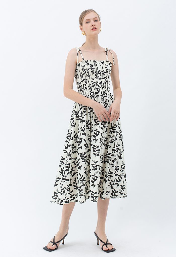 Tie Shoulder Floral Shirred Midi Dress in Black