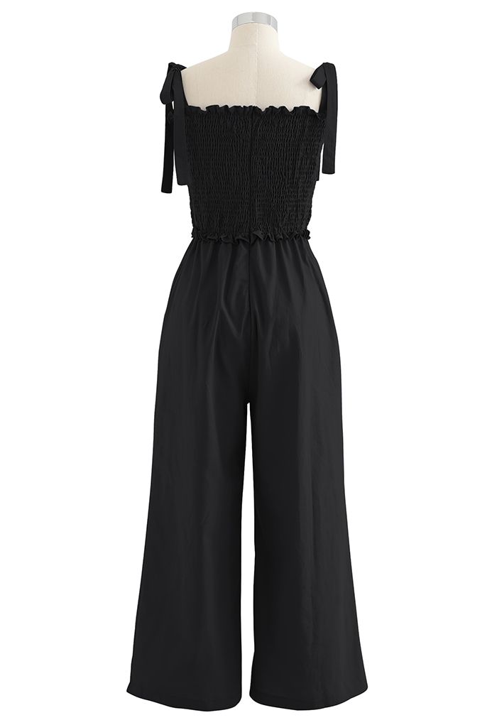 Tie Strap Shirred Bust Wide Leg Jumpsuit in Black - Retro, Indie and ...