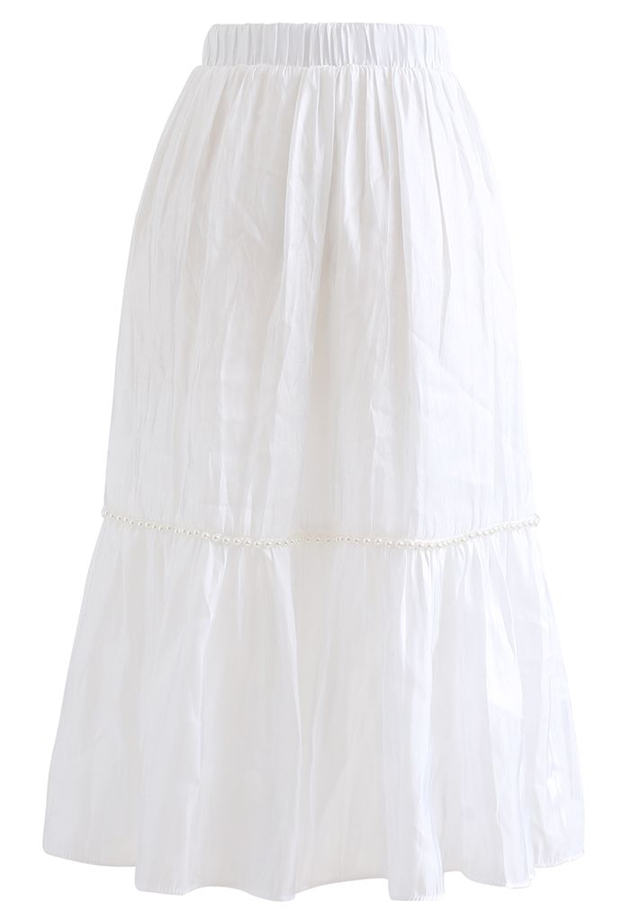 Shimmer Satin Pearly Midi Skirt in White - Retro, Indie and Unique Fashion