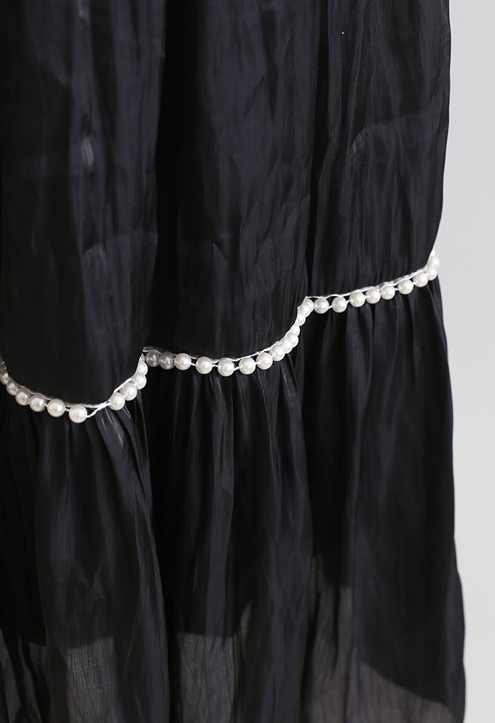 Shimmer Satin Pearly Midi Skirt in Black