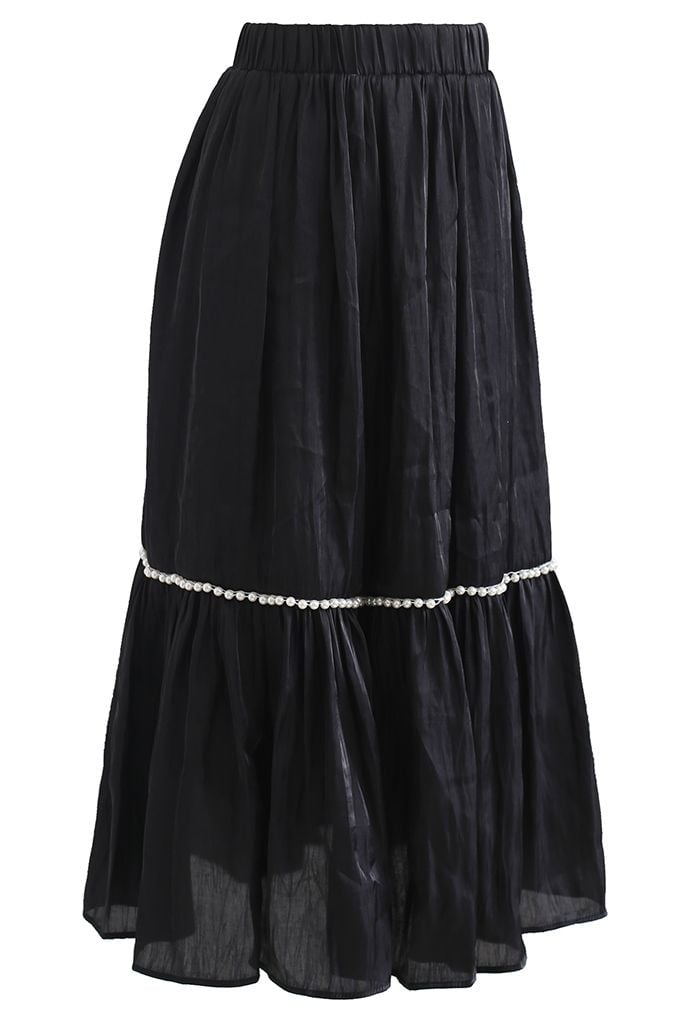 Shimmer Satin Pearly Midi Skirt in Black