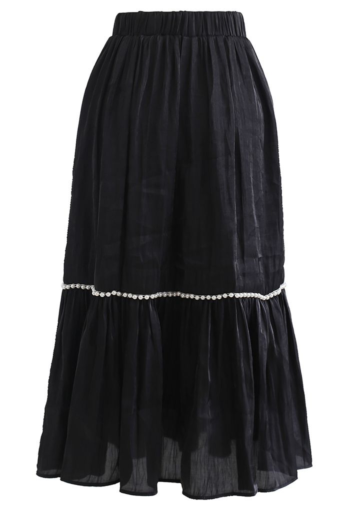 Shimmer Satin Pearly Midi Skirt in Black