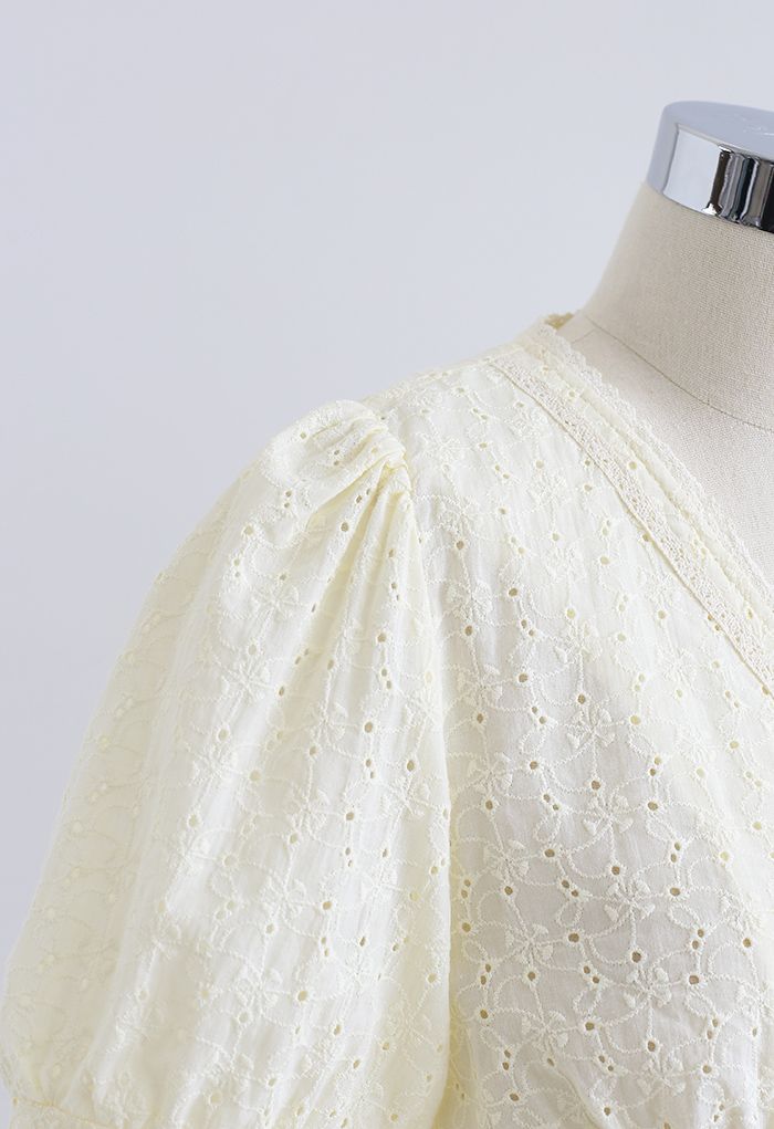 V-Neck Buttoned Eyelet Cotton Top in Light Yellow - Retro, Indie and ...