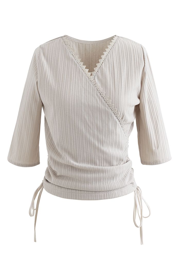 Side Drawstring Wrap Ribbed Top in Sand