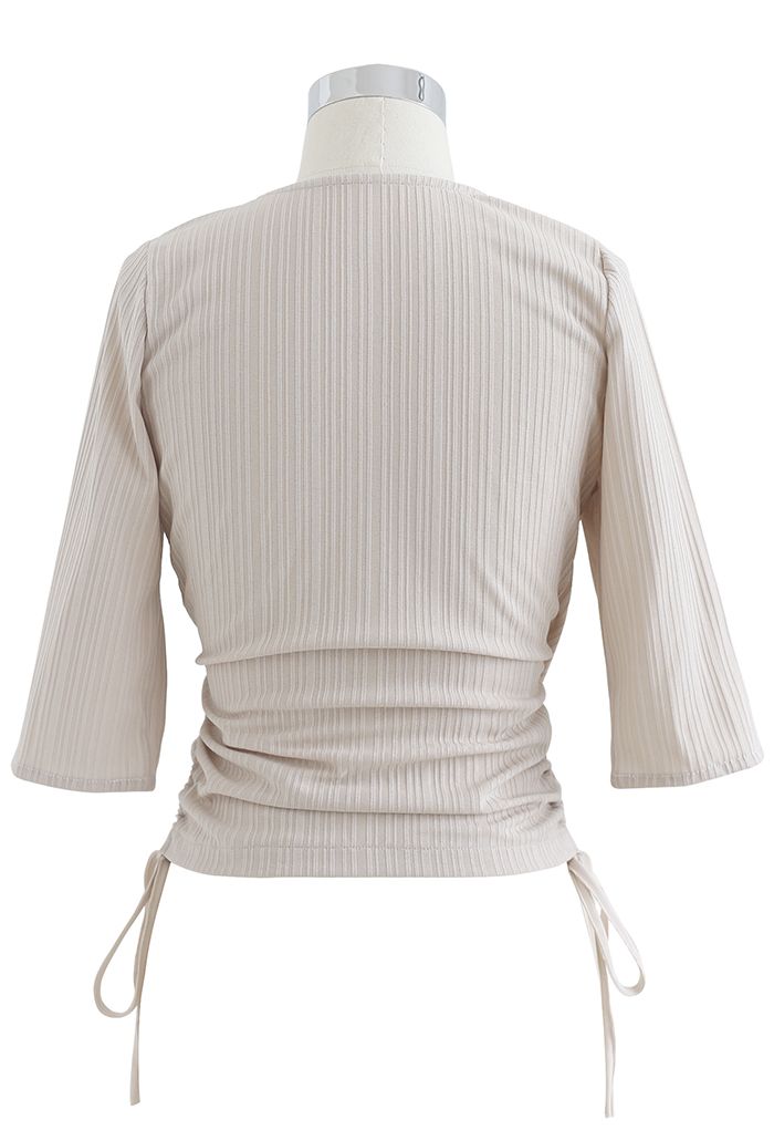 Side Drawstring Wrap Ribbed Top in Sand