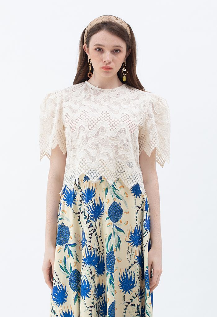 Scrolled Embroidery Zigzag Organza Top in Cream - Retro, Indie and ...