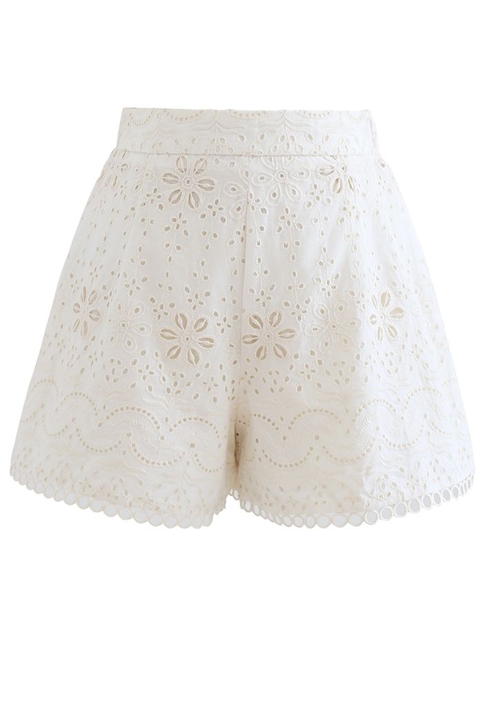 Stunning Eyelet Embroidered Wrap Top and Shorts Set in Cream - Retro ...
