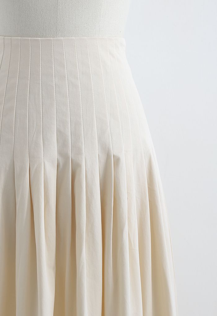 Pleated Waist Cotton Midi Skirt in Cream - Retro, Indie and Unique Fashion