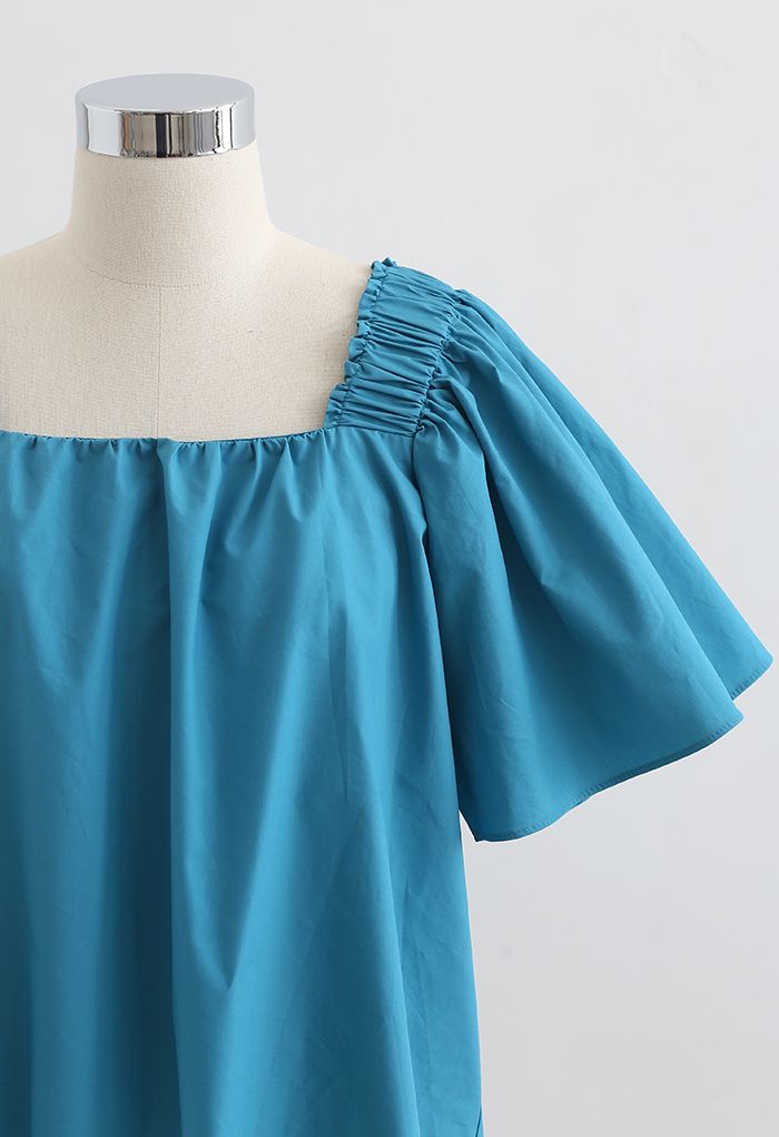 Flared Sleeves Tie Neck Top in Cyan - Retro, Indie and Unique Fashion