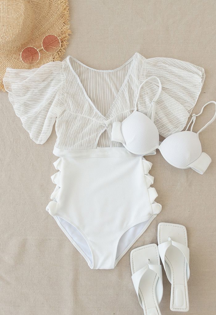 Detachable Bra and Lacy Swimsuit Set in White - Retro, Indie and