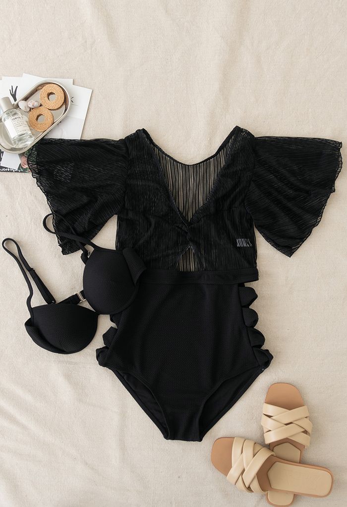 Detachable Bra and Lacy Swimsuit Set in Black - Retro, Indie and