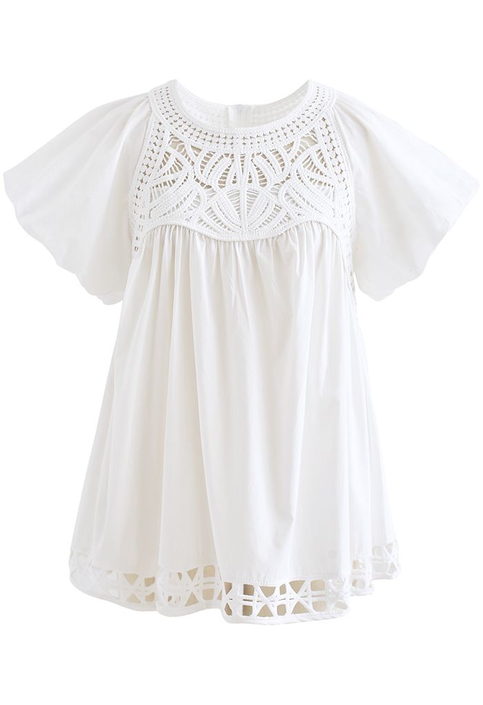 Crochet Inserted Bubble Sleeves Dolly Top in White