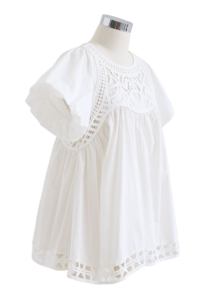 Crochet Inserted Bubble Sleeves Dolly Top in White