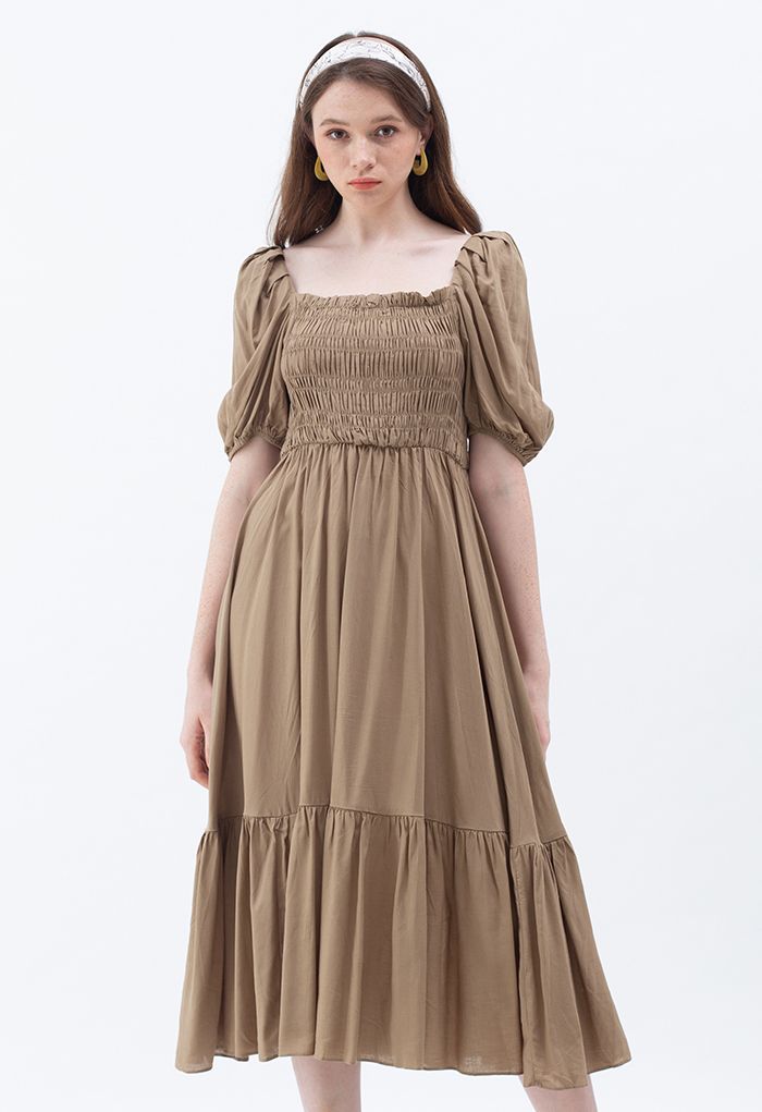 Square Neck Puff Sleeve Shirred Dress in Brown - Retro, Indie and ...